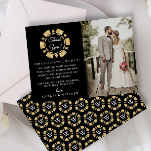 Gold Glitter Monogram Poker Chip Casino Wedding Thank You Card