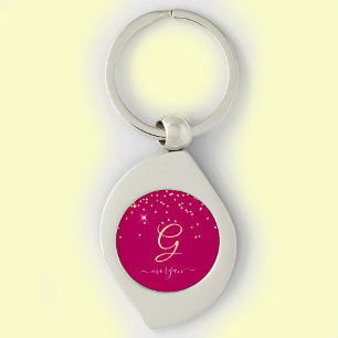 Gold Glitter & Monogram White Script Name, Fuchsia Key Ring