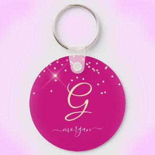 Gold Glitter & Monogram White Script Name, Fuchsia Key Ring