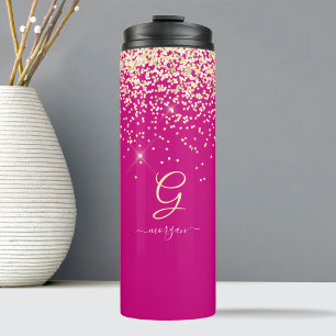 Gold Glitter & Monogram White Script Name, Fuchsia Thermal Tumbler