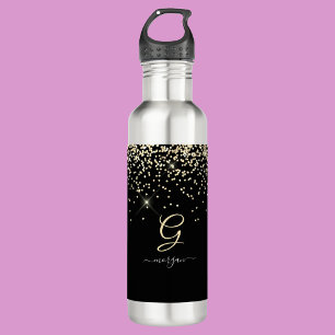 Gold Glitter & Monogram White Script Name on Black 710 Ml Water Bottle