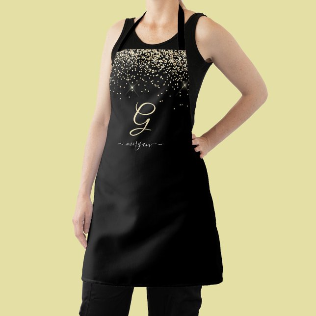 Gold Glitter & Monogram White Script Name on Black Apron (Creator Uploaded)