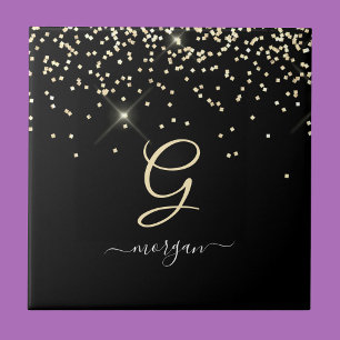 Gold Glitter & Monogram White Script Name on Black Ceramic Tile