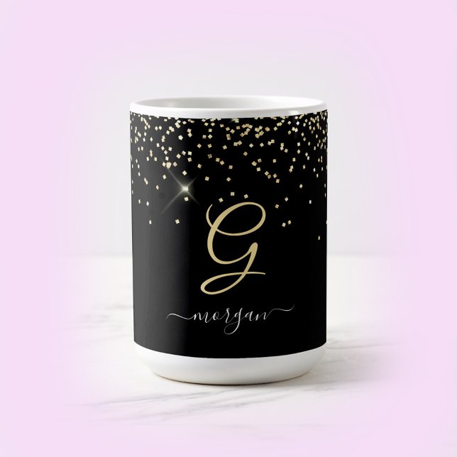 Gold Glitter & Monogram White Script Name on Black Coffee Mug (Creator Uploaded)