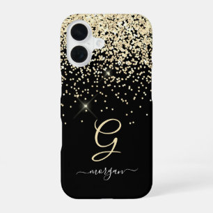 Gold Glitter & Monogram White Script Name on Black iPhone 16 Case