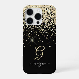 Gold Glitter & Monogram White Script Name on Black iPhone 16 Pro Case