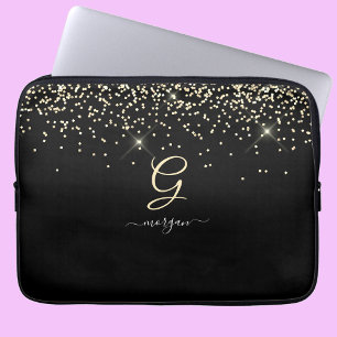 Gold Glitter & Monogram White Script Name on Black Laptop Sleeve
