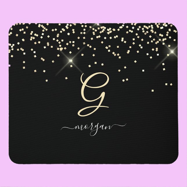 Gold Glitter & Monogram White Script Name on Black Mouse Pad (Creator Uploaded)