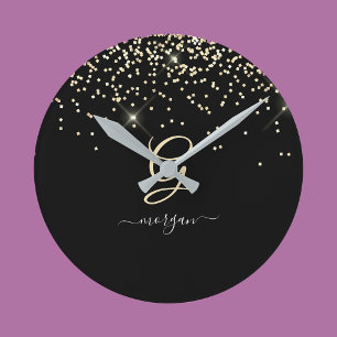 Gold Glitter & Monogram White Script Name on Black Round Clock