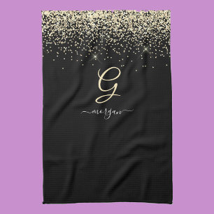 Gold Glitter & Monogram White Script Name on Black Tea Towel