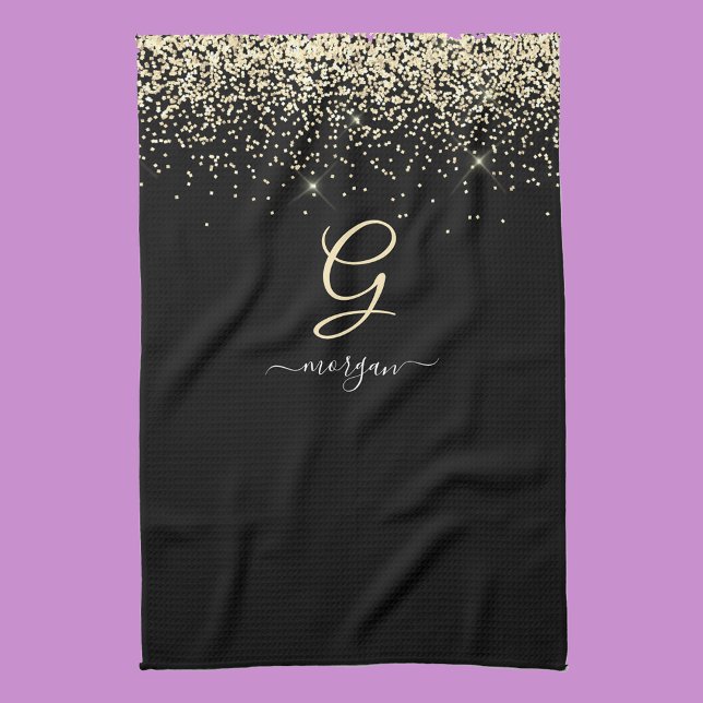 Gold Glitter & Monogram White Script Name on Black Tea Towel (Creator Uploaded)
