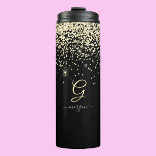 Gold Glitter & Monogram White Script Name on Black Thermal Tumbler