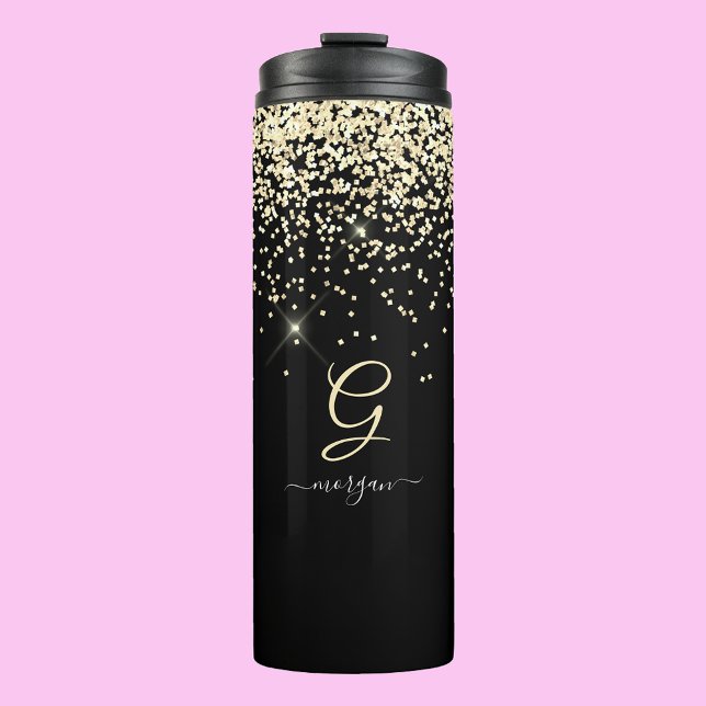 Gold Glitter & Monogram White Script Name on Black Thermal Tumbler (Creator Uploaded)