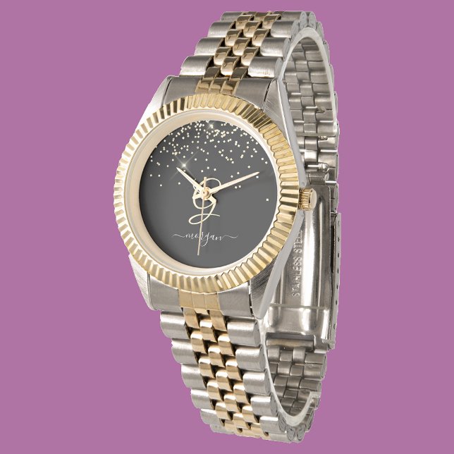 Gold Glitter & Monogram White Script Name on Black Watch (Creator Uploaded)