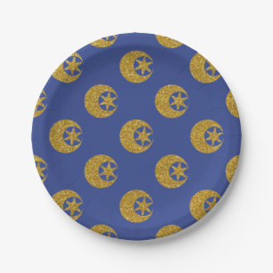 Gold Glitter Moon and Stars Pattern on Blue Paper Plate
