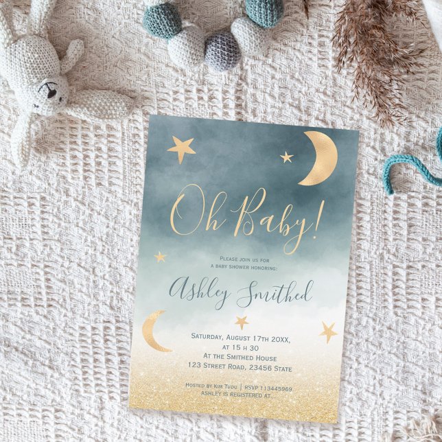 Gold glitter moon star blue watercolor baby shower invitation (Creator Uploaded)