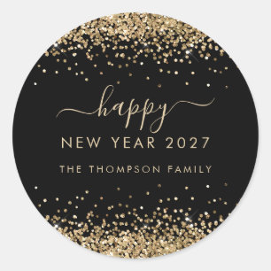 Gold Glitter Name Black Happy New Year 2026 Classic Round Sticker