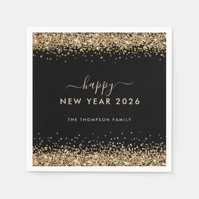 Gold Glitter Name Black Happy New Year 2026 Napkin (Front)