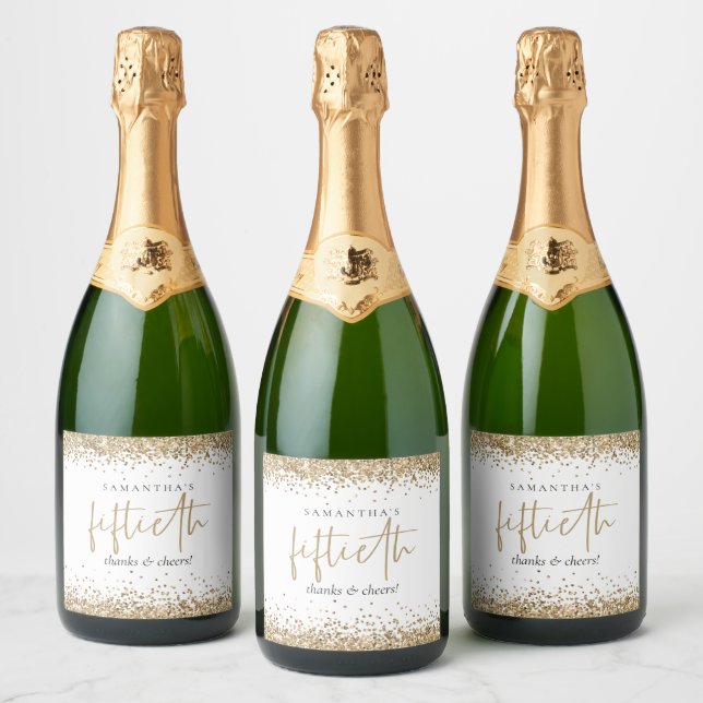 Gold Glitter Name Cheers Fiftieth Birthday Sparkling Wine Label (Bottles)