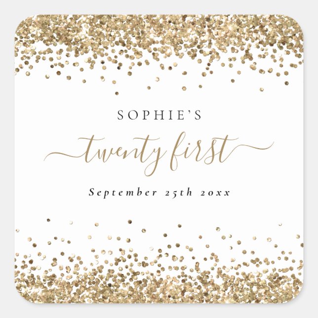 Gold Glitter Name Date Twenty First Birthday Square Sticker (Front)