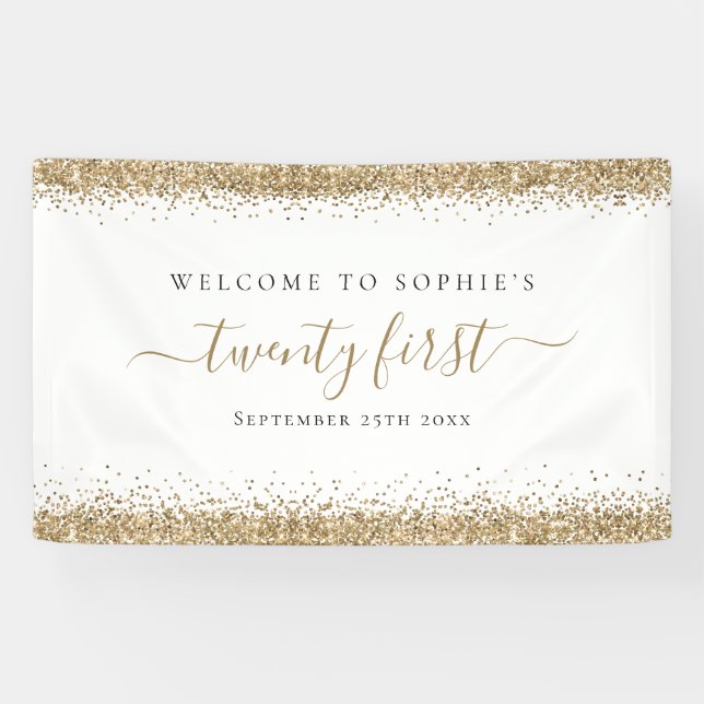 Gold Glitter Name Date Welcome to Twenty First Banner (Horizontal)
