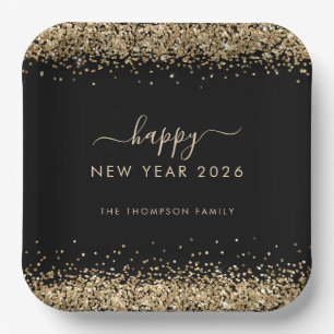 Gold Glitter Name Happy New Year 2026 Black Paper Plate