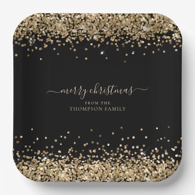Gold Glitter Name Merry Christmas Black Paper Plate (Front)