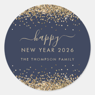 Gold Glitter Name Navy Blue Happy New Year 2025 Classic Round Sticker