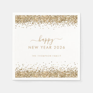 Gold Glitter Name White Happy New Year 2025 Napkin
