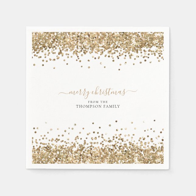 Gold Glitter Name White Merry Christmas Napkin (Front)