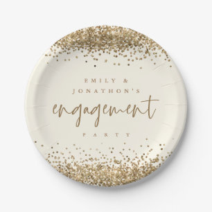 Gold Glitter Names Cream Engagement Party Paper Plate