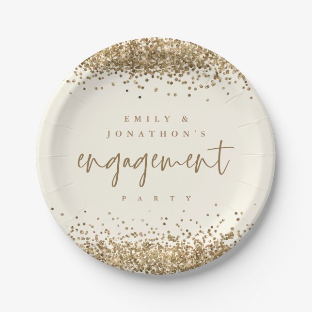 Gold Glitter Names Cream Engagement Party Paper Plate (Front)