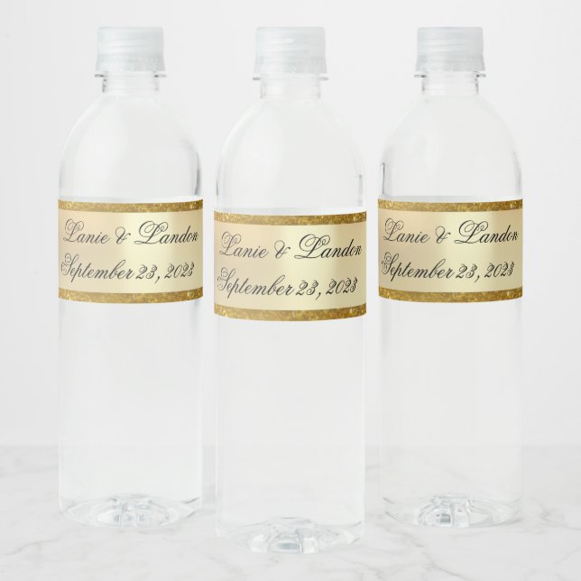 Gold Glitter Names Script Customised Wedding  Water Bottle Label (Bottles)