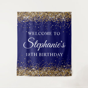 Gold Glitter Navy Blue 18th Birthday Party Welcome Tapestry