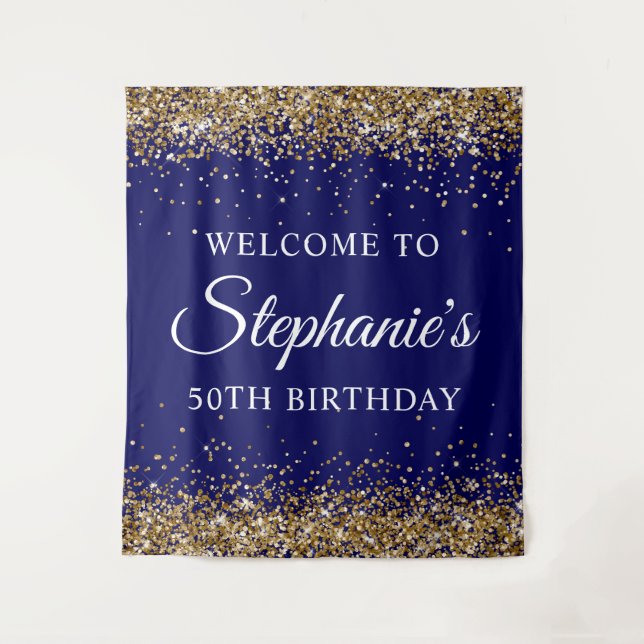 Gold Glitter Navy Blue 50Th Birthday Party Welcome Tapestry (Front)