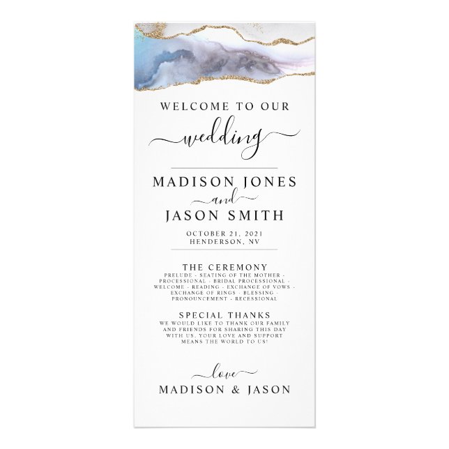 Gold Glitter & Navy Blue Agate Wedding Program Rack Card (Front)