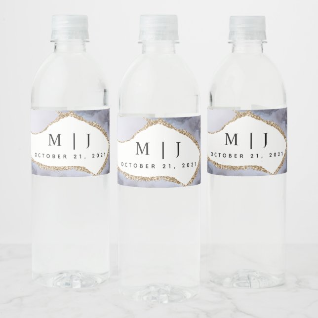 Gold Glitter & Navy Blue Agate Wedding Water Bottle Label (Bottles)