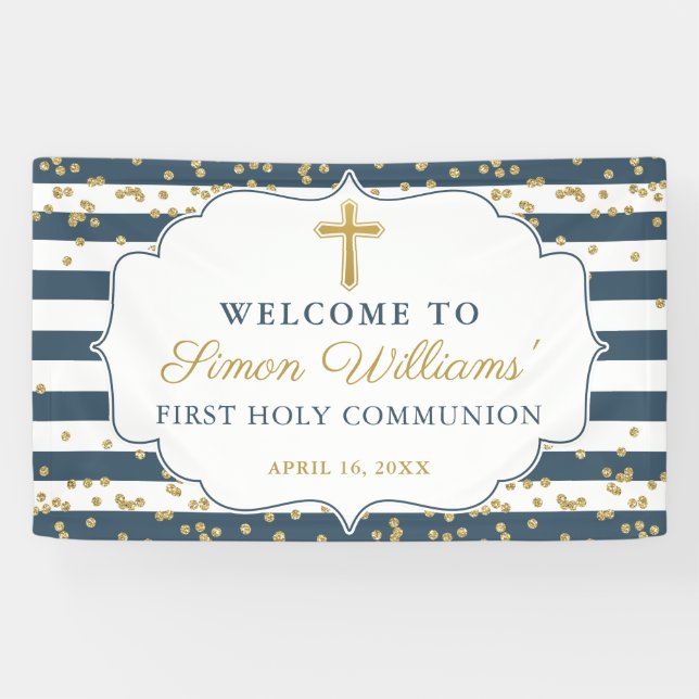 Gold Glitter Navy Blue First Holy Communion Banner (Horizontal)