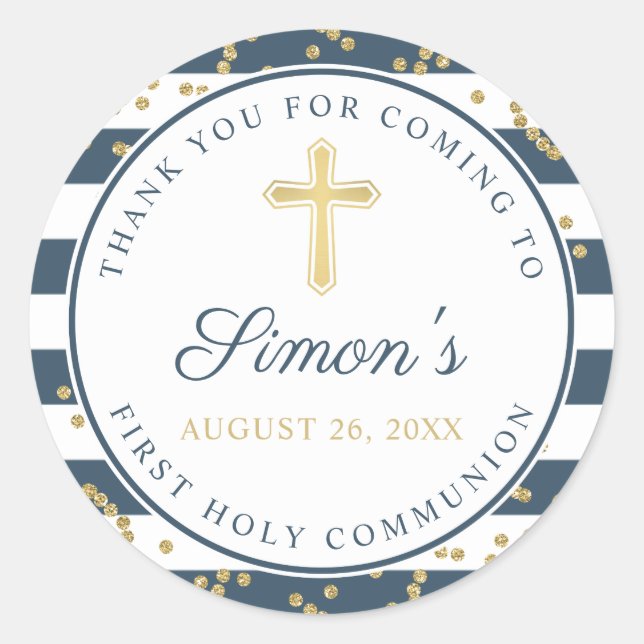 Gold Glitter Navy Blue First Holy Communion Classic Round Sticker (Front)