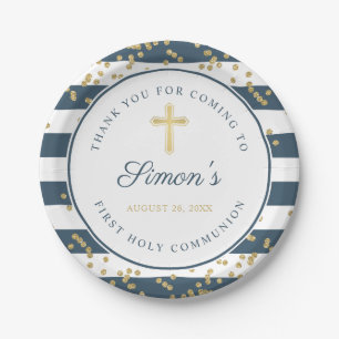 Gold Glitter Navy Blue First Holy Communion Paper Plate