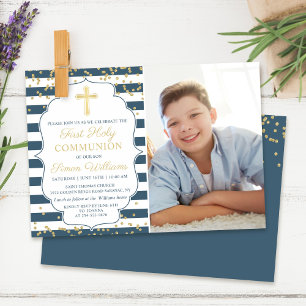 Gold Glitter Navy Blue First Holy Communion Photo Invitation