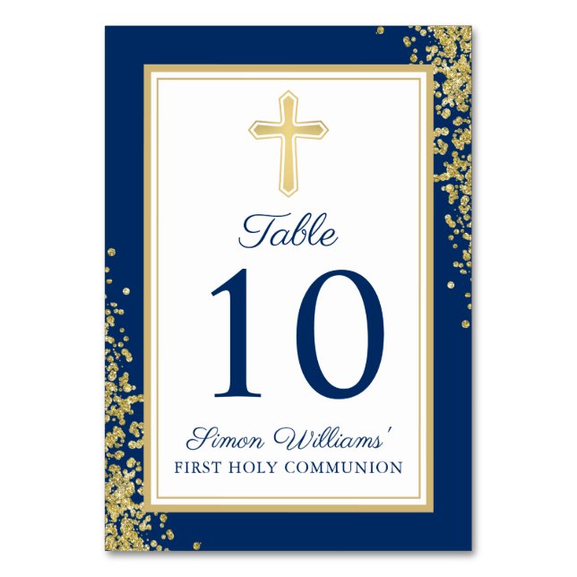 Gold Glitter Navy Blue First Holy Communion Table Number (Front)