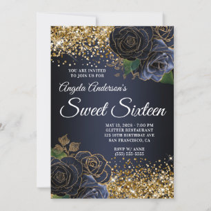 Gold Glitter Navy Blue Floral Glam Sweet Sixteen Invitation