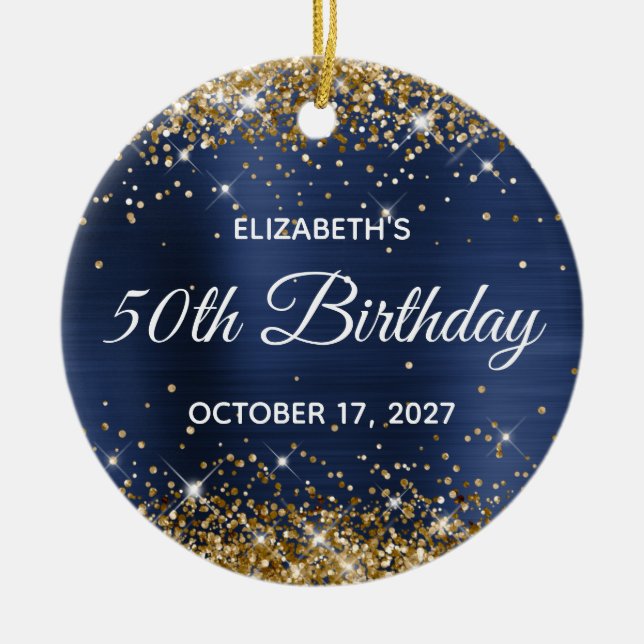 Gold Glitter Navy Blue Foil 50th Birthday Ceramic Ornament (Front)