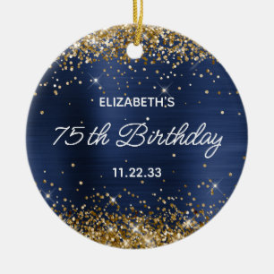 Gold Glitter Navy Blue Foil 75th Birthday Photo Ceramic Ornament