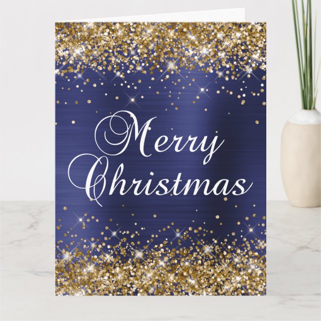 Gold Glitter Navy Blue Foil Big Merry Christmas Card (Front)