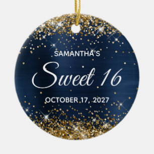 Gold Glitter Navy Blue Foil Sweet 16 Birthday Ceramic Ornament