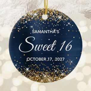 Gold Glitter Navy Blue Foil Sweet 16 Birthday Ceramic Ornament