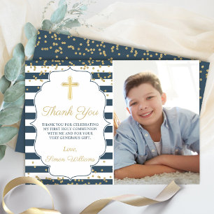 Gold Glitter Navy Blue Holy Communion Thank you Invitation