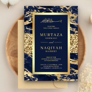 Gold Glitter Navy Blue Marble Muslim Wedding Invitation
